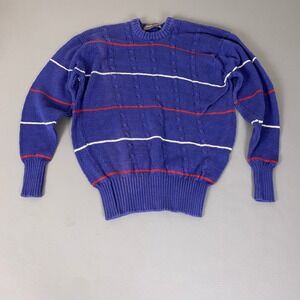 Vintage Cooper & Roe Sweater Men Small England Blue Striped Cable Knit *Flawed*